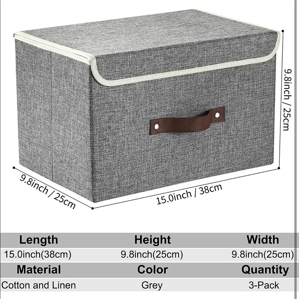 3 Large Foldable Storage Bins with Leather Handles J